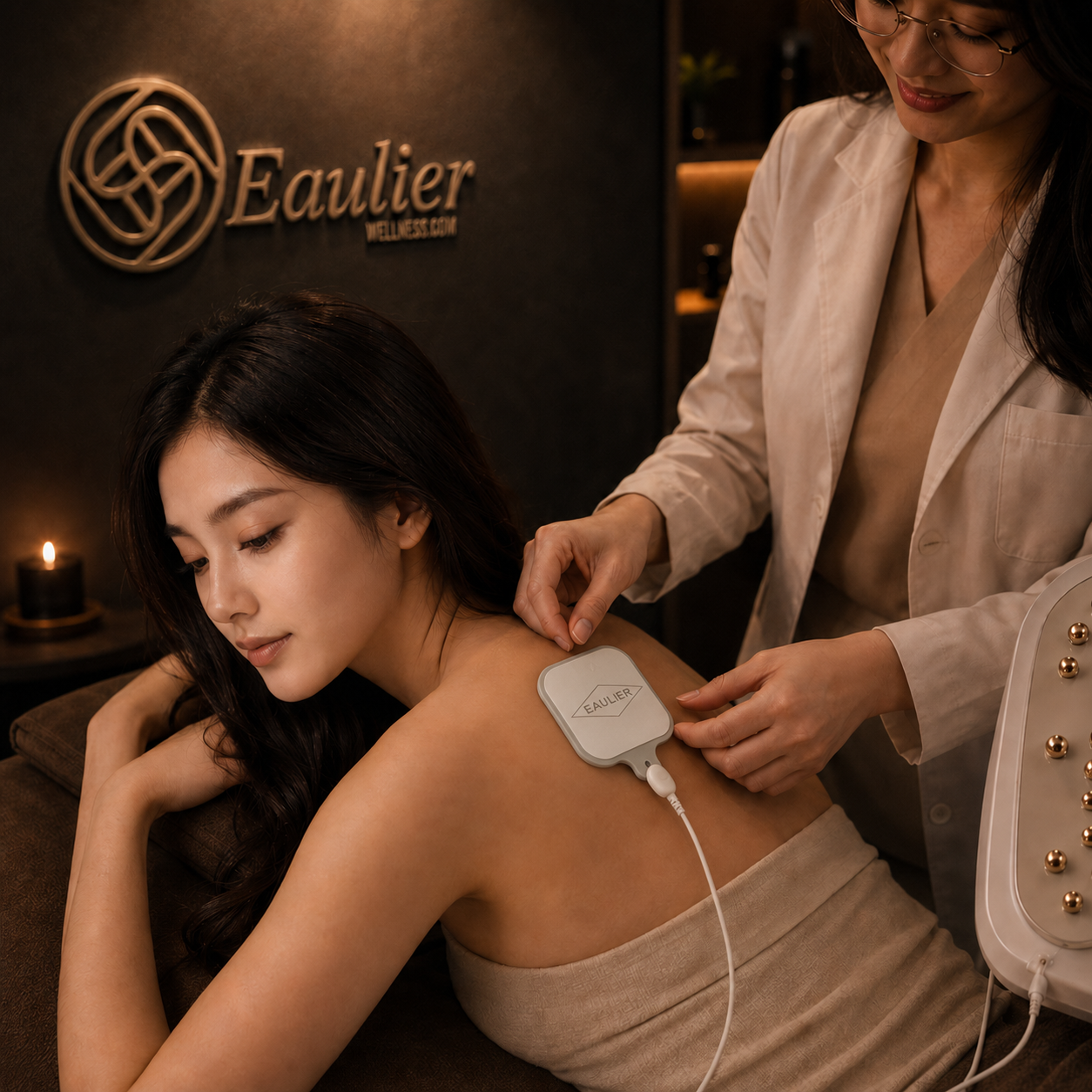 Therapist applying the BioMeridian AccuPad on a customer's shoulder for needle-free meridian support