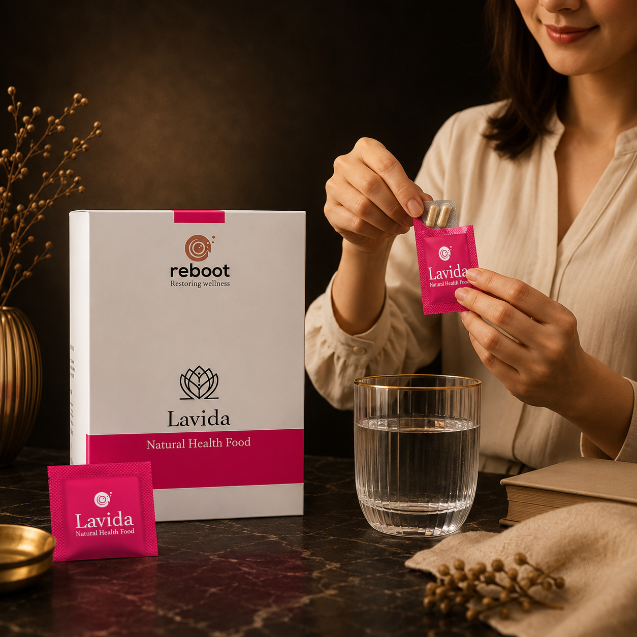 Reboot Lavida sachet being prepared with warm water for daily vitality support