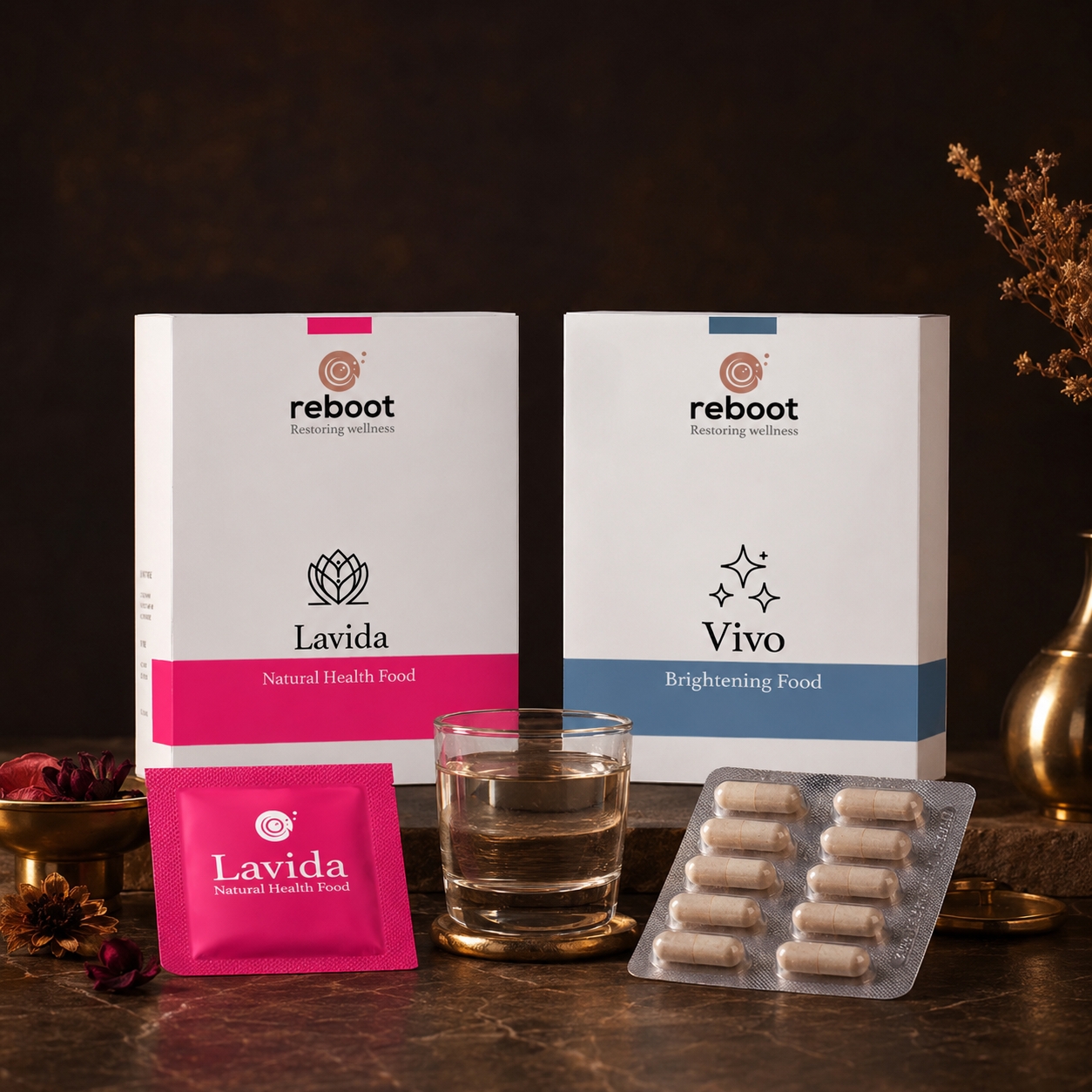 Reboot Lavida and Reboot Vivo paired with warm water for daily vitality and inner beauty support
