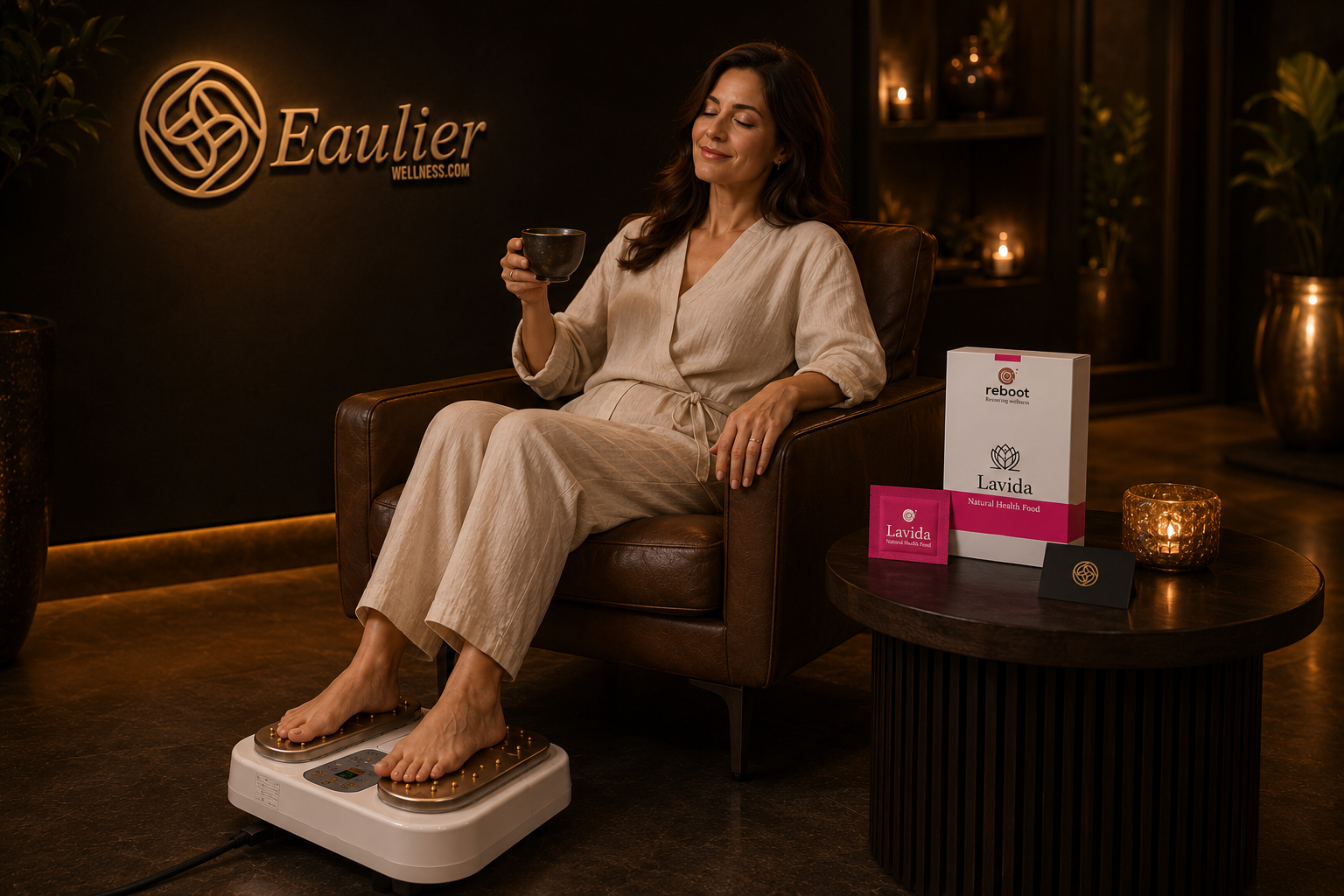 Eaulier Wellness Club member enjoying a routine BioMeridian Reflexo session with Reboot Lavida and membership card nearby