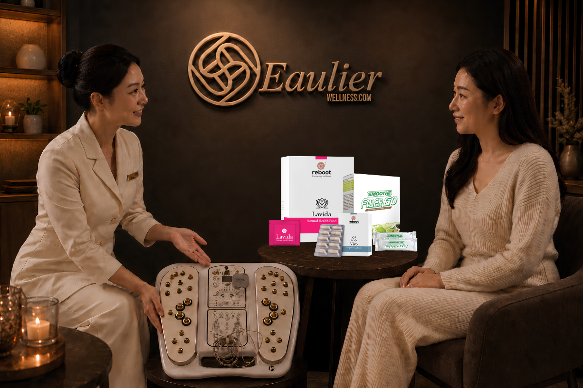 Wellness therapist explaining the Eaulier BioMeridian Therapy system to a customer with the Eaulier machine and Reboot products
