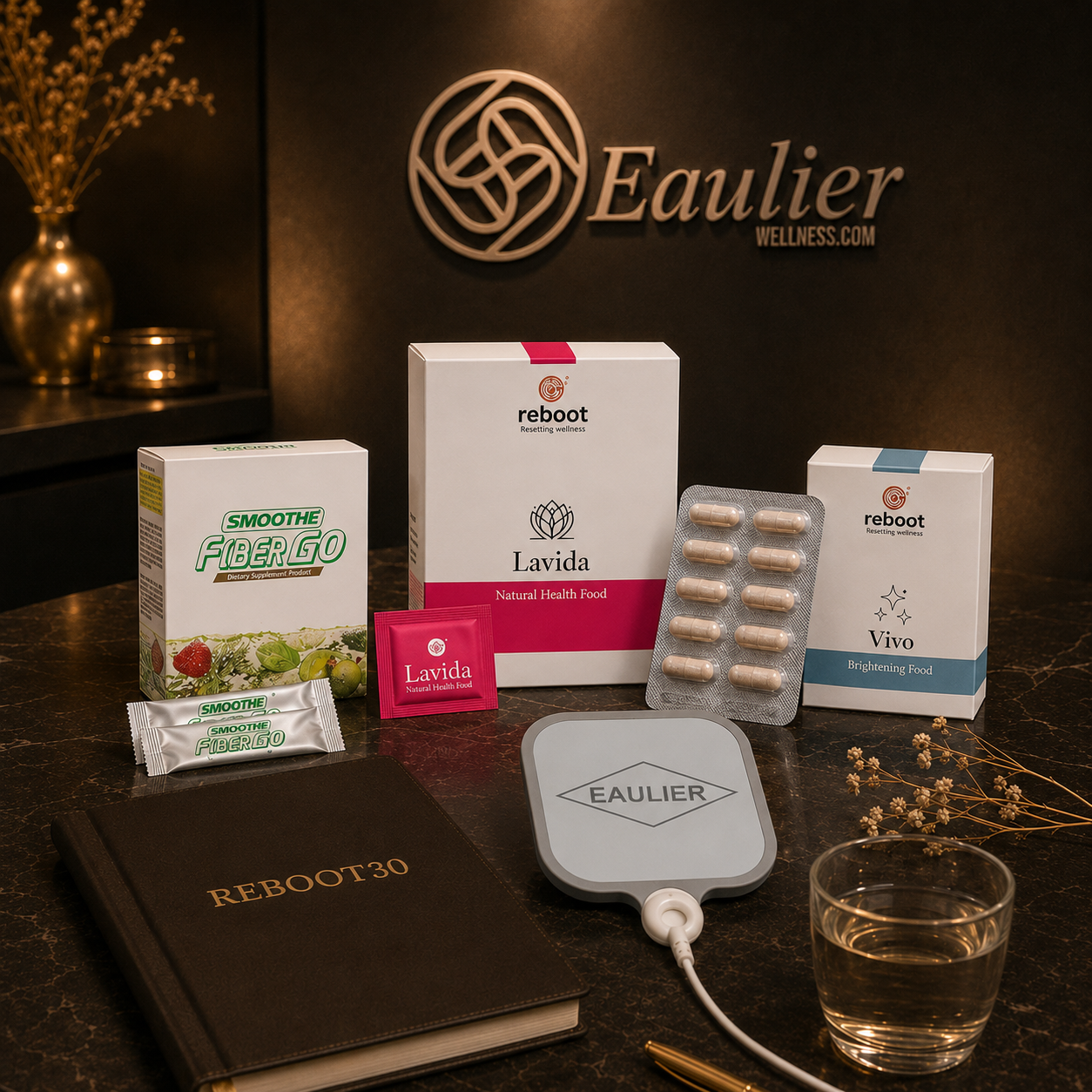 REBOOT30 complete bundle with Reboot Lavida, Reboot Vivo, Smoothe FiberGo, EAULIER pad and 30-day journal