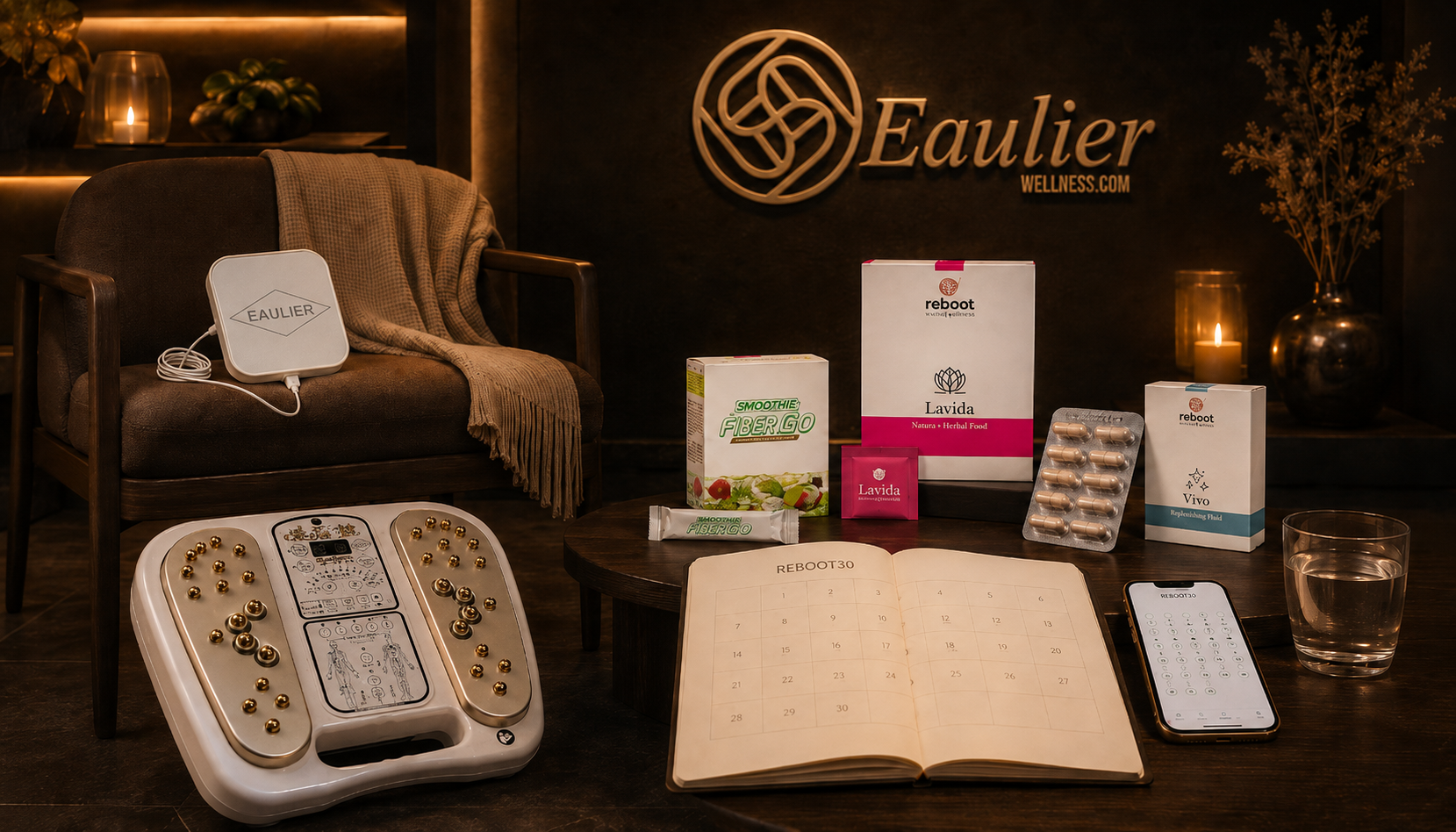 Complete Eaulier Wellness system with Reflexo machine, AccuPad, Reboot products, REBOOT30 journal and tracking app