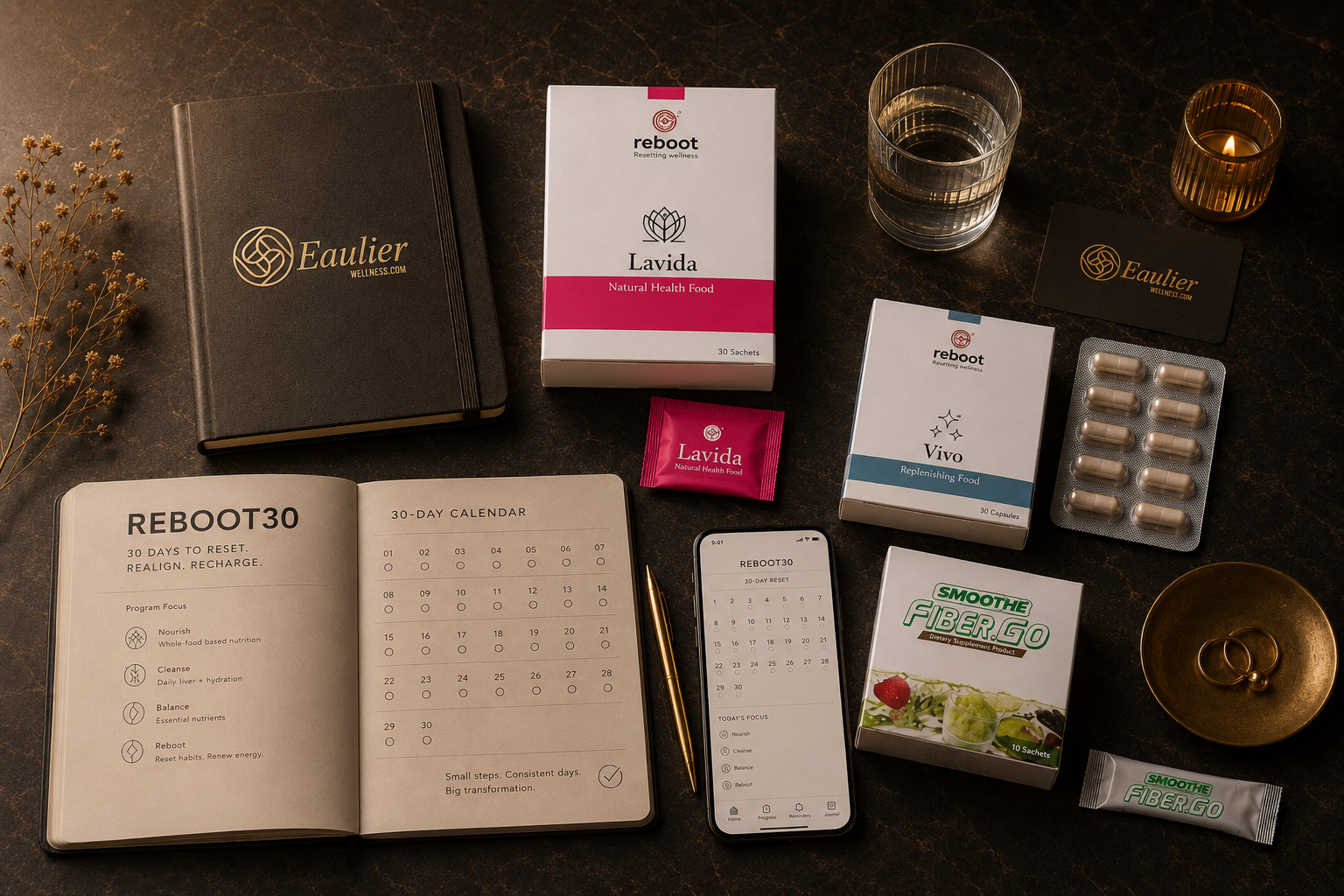 REBOOT30 wellness system flat-lay with Reboot Lavida, Reboot Vivo, Smoothe FiberGo, 30-day journal and tracking app by Eaulier Wellness
