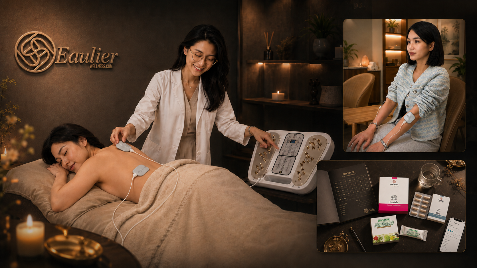REBOOT30 wellness system flat-lay with Reboot Lavida, Reboot Vivo, Smoothe FiberGo, 30-day journal and tracking app by Eaulier Wellness