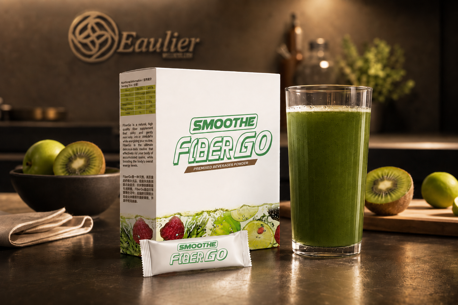 Smoothe FiberGo prebiotic beverage powder box and stick sachet by Eaulier Wellness