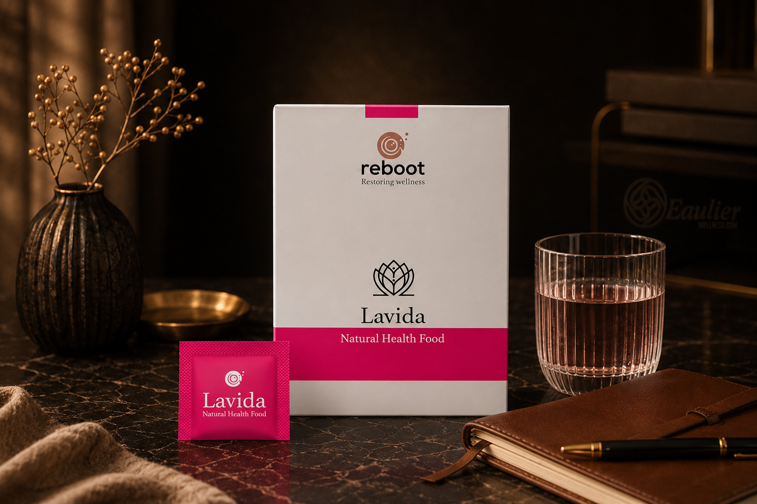 Customer holding Reboot Lavida box and sachet at Eaulier Wellness