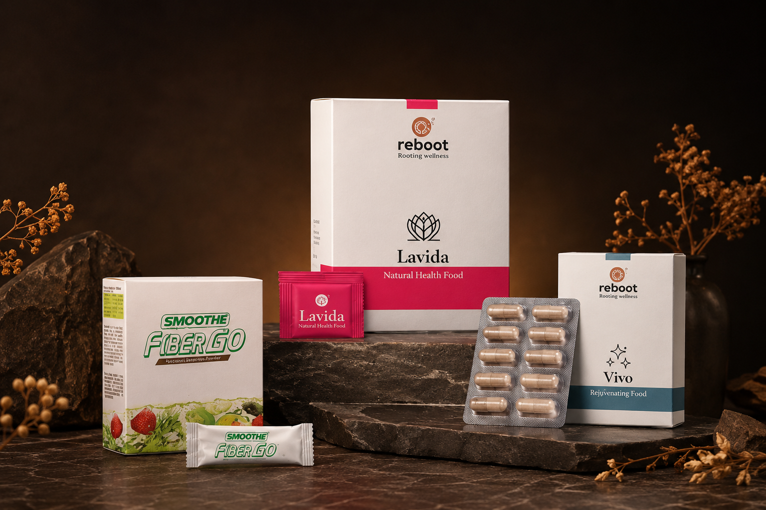 Reboot product family with Reboot Lavida, Reboot Vivo and Smoothe FiberGo by Eaulier Wellness