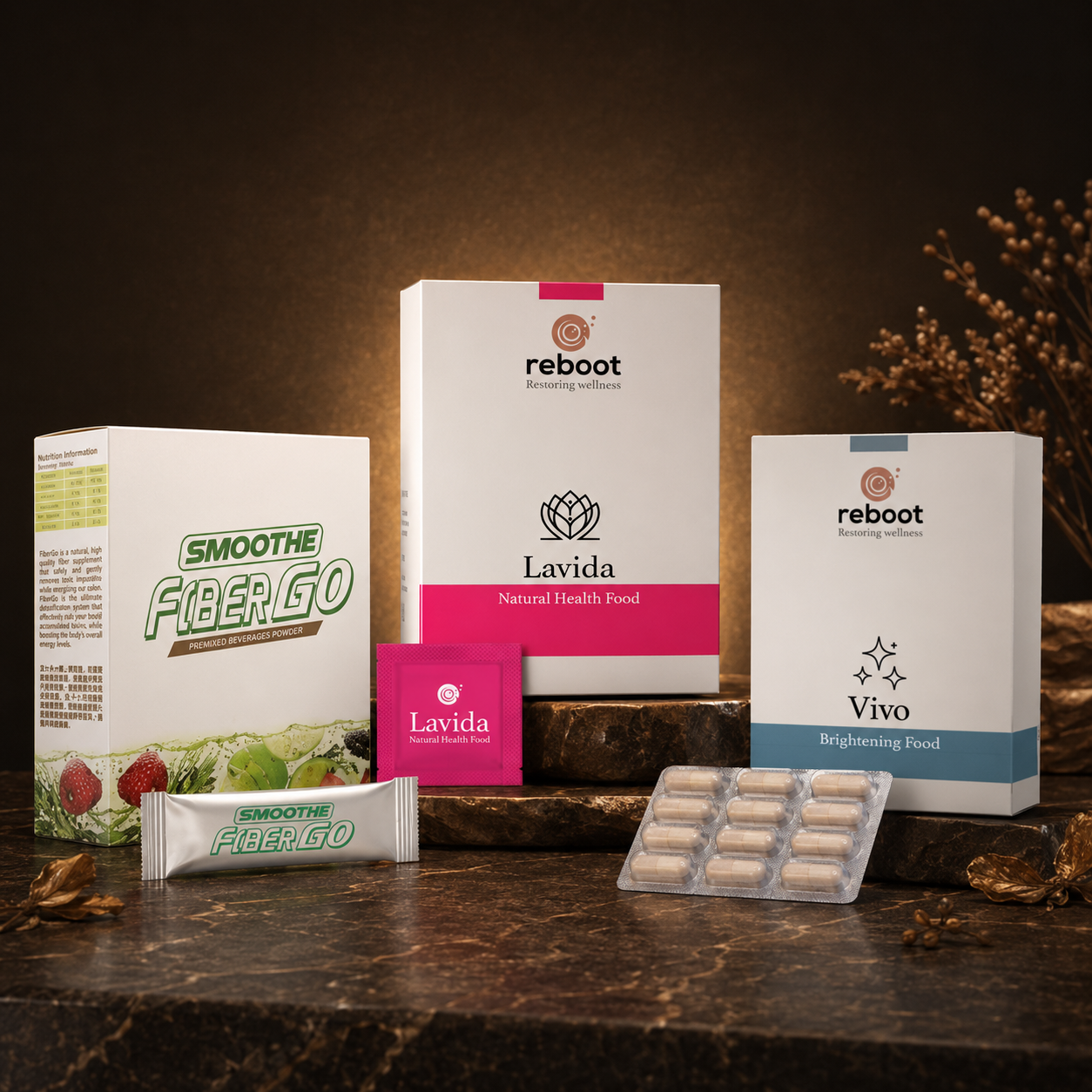 Reboot Lavida, Reboot Vivo and Smoothe FiberGo wellness product bundle