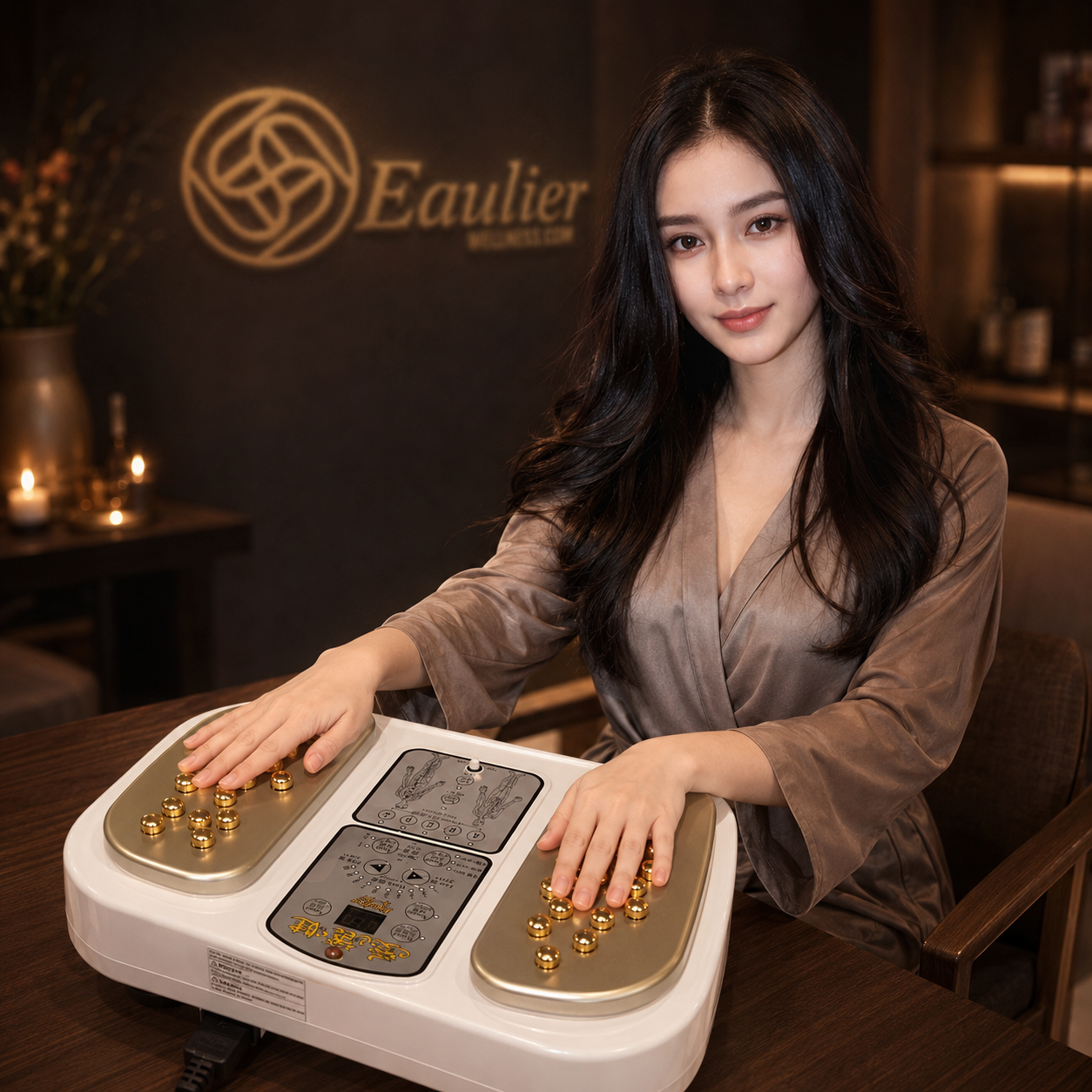 Customer resting both palms on the gold contact points of the Eaulier BioMeridian Reflexo platform for hand-based recharge