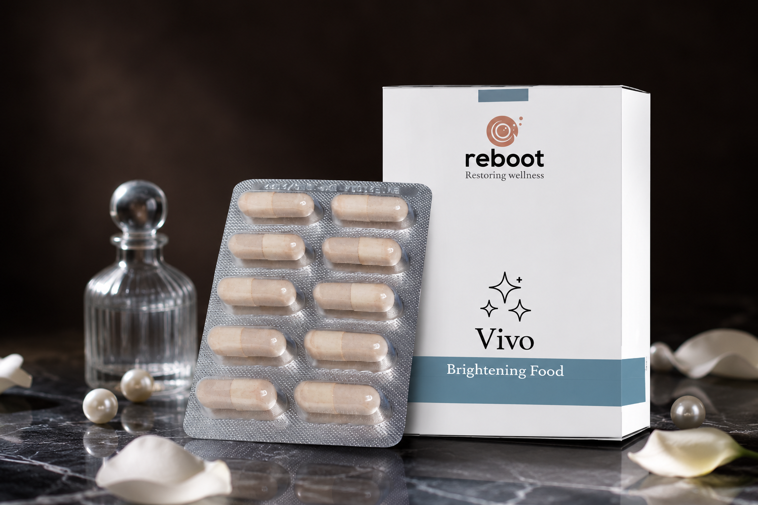 Reboot Vivo brightening food box and capsule blister by Eaulier Wellness